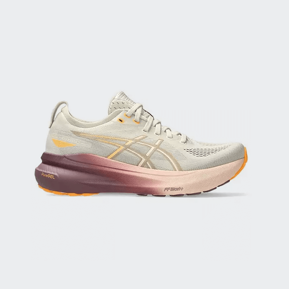 The new ASICS GEL-Kayano 31 running shoe is top of our list for Fall 2024 footwear trends. Featuring the Beige and pink ASICS GEL-Kayano 31.