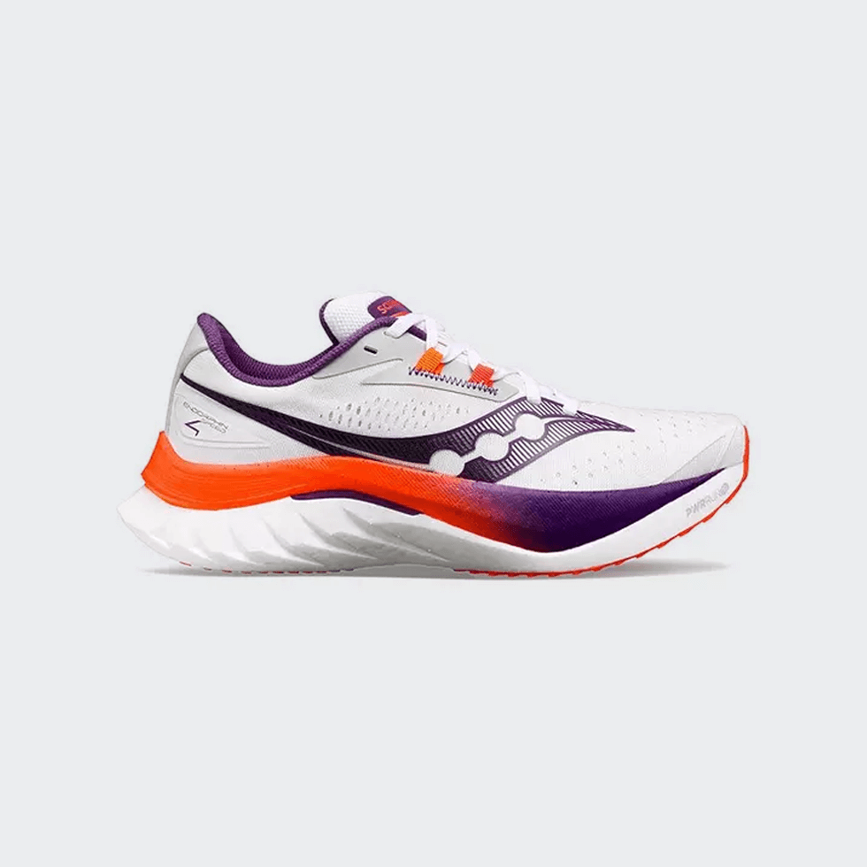 White, purple, and orange Saucony Endorphin Speed 4 Running Shoe