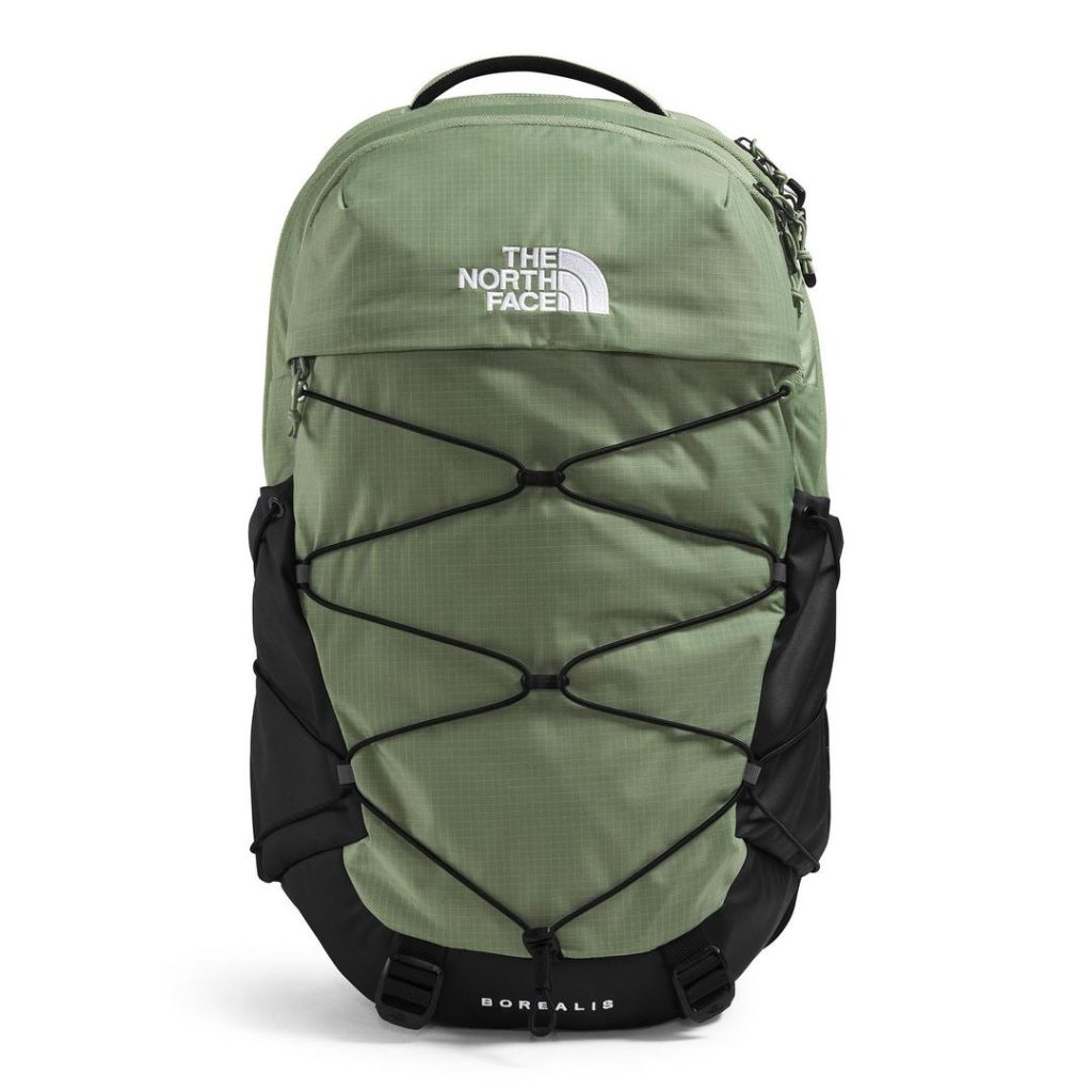 olive green rounded top backpack with contrast black trim at the bottom and side pockets, as well as adjustable bungee drawcords at the front; shows a top carry handle and two-way zipper pulls at the main top compartment; white "BOREALIS" lettering at the centre-front bottom; white The North Face half dome logo at the upper front