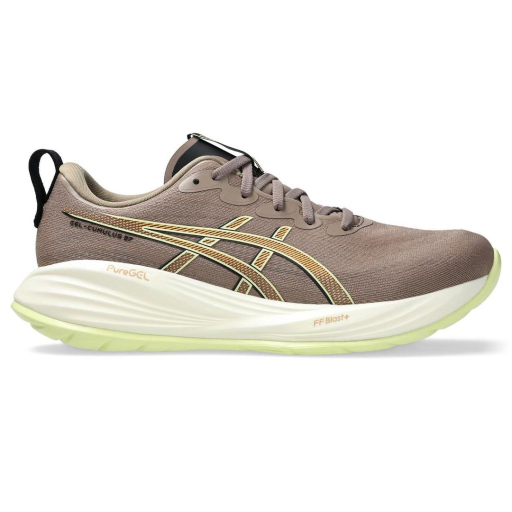 Sporty brown ASICS running shoe with contrast orange/brown ASICS stripes at the side trimmed in light yellow. Off-white foam sole with contrast light pale yellow rubber along the outsole. Brown laces at the top with a brown tongue and brown eyestay. Brown pull loop at the heel.