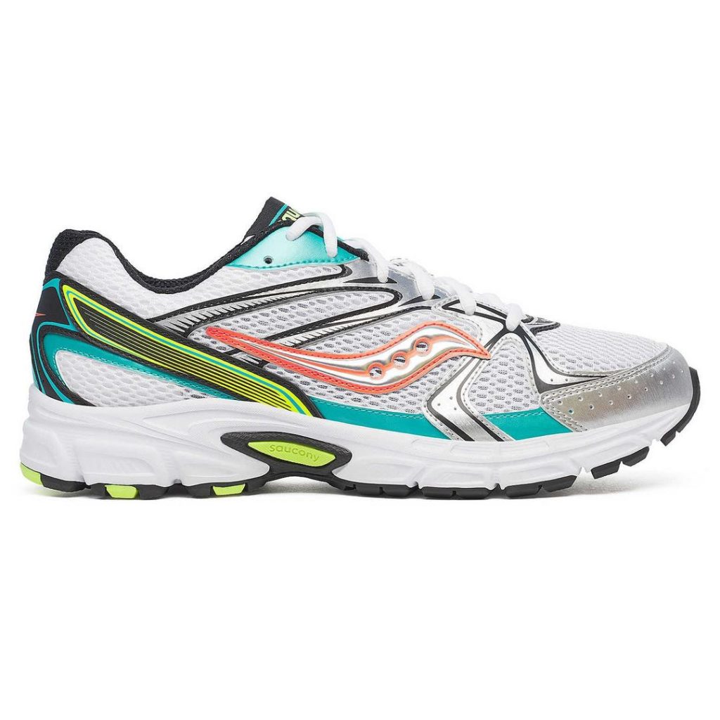 Slightly chunky, Y2K-style white mesh ASICS sneaker with multicoloured overlays in neon green, teal, pink and metallic silver throughout. White laces on the top. Black rubber outsole along the bottom.