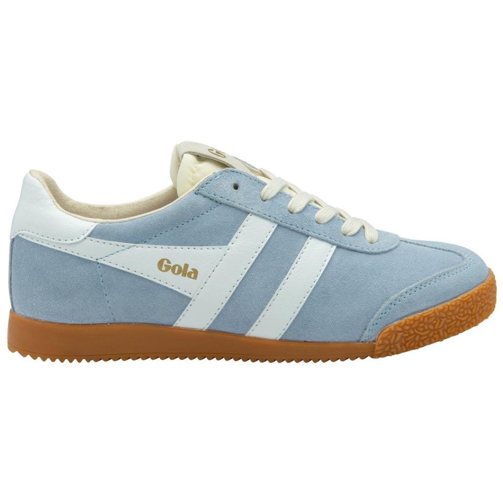Low-profile pale baby blue Gola sneakers with smooth white contrast leather stripes. a white heel panel at the back and gold "Gola" branding. Contrast textile off-white tongue and white laces at the top. Contrast brown gum rubber outsole. 2025 best school shoes