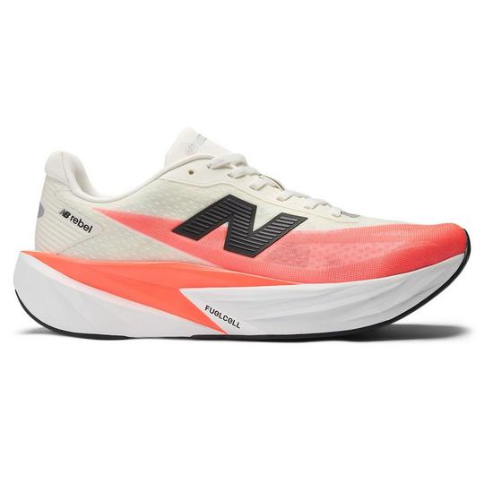 neon orange/coral and off-white New Balance running shoe with a thick foam sole, contrast black "N" logo at the side and tonal off-white laces on top; gym class essentials