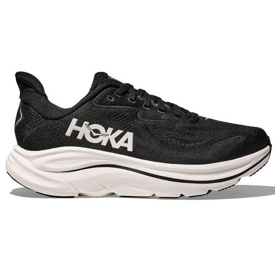 black HOKA running shoe with contrast white "HOKA" branding at the side, a thick white sole and tonal black laces on top; gym class essentials
