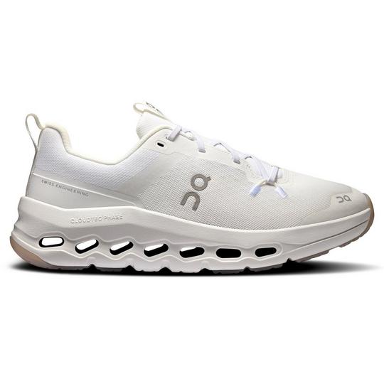 white and off-white cream On running shoe with cut-out holes along the foam sole with tonal darker "On" branding at the side and pull tabs at the heel/tongue; gym class essentials