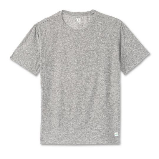 heathered grey Vuori athletic t-shirt with a rounded crew neckline, short sleeves, a straight-cut hem and a small woven Vuori logo patch at the front bottom-right hemline; gym class essentials