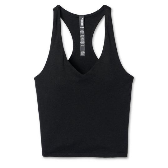 black Vuori cropped athletic tank top with a scooped v-neckline, racerback and a straight-cut hem; gym class essentials