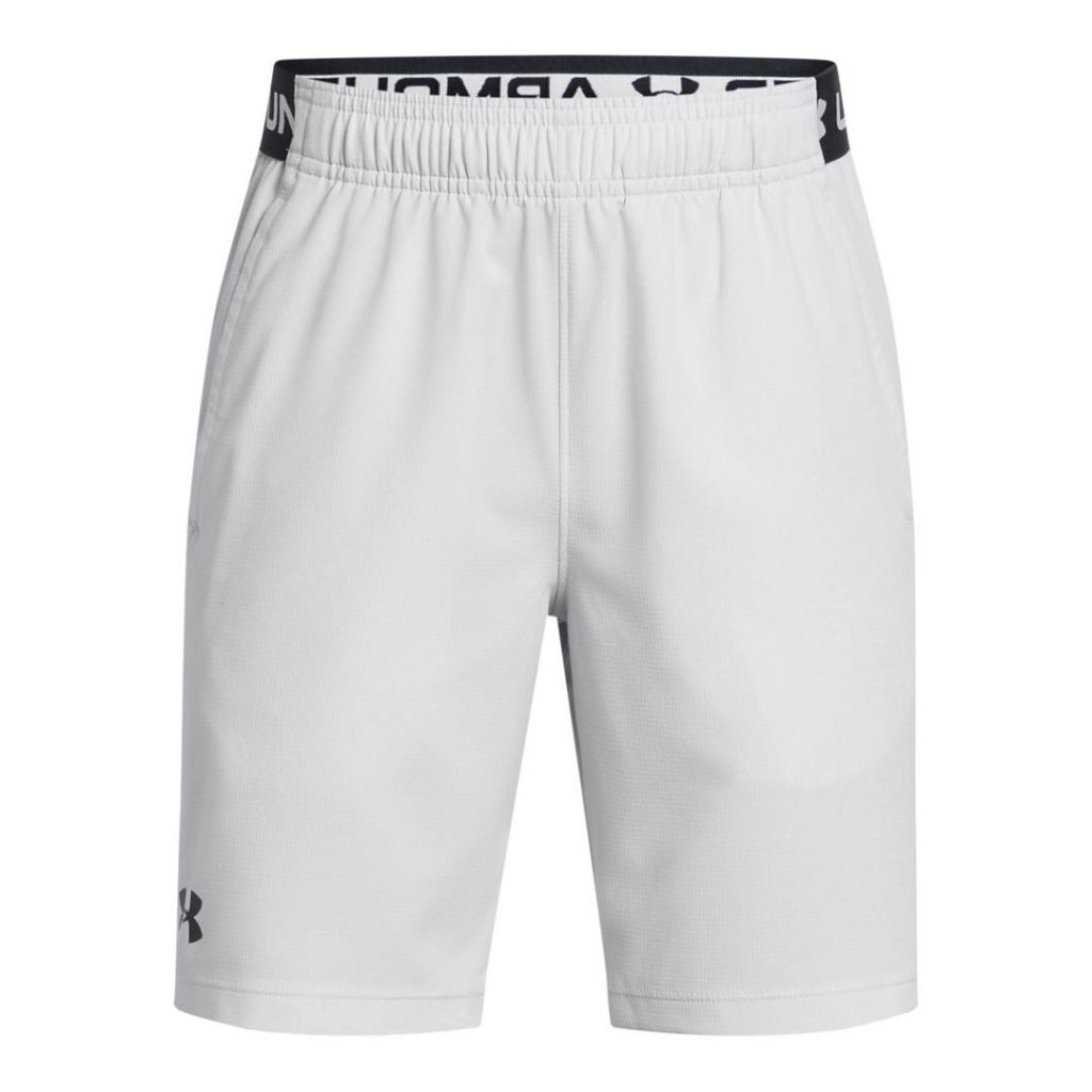 white Under Armour gym shorts with a stretchy pull-on waistband that features contrast black branded "Under Armour" elastic along the back, plus a black UA logo at the front bottom-left hem; gym class essentials
