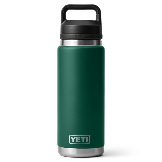 deep forest green YETI bottle with silver trim below the cap and at the base of the Rambler tumbler, as well as silver YETI branding towards the bottom and a black loop cap at the top; gym class essentials