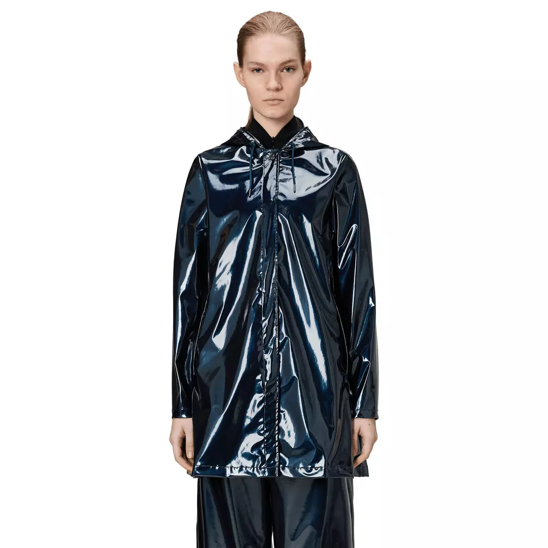 high-shine black RAINS long hooded raincoat